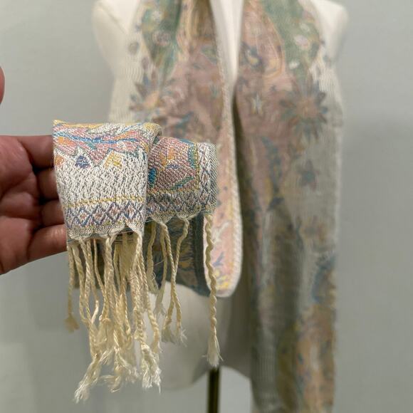 Pashmina Silk Blend Paisley Floral Scarf Shawl Neutral Pastel Boho Quiet Luxury - Picture 4 of 5